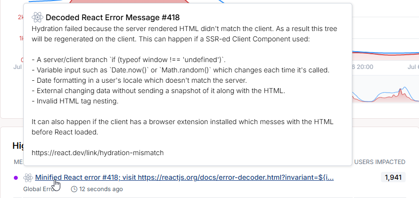 Minified React errors get decoded automatically